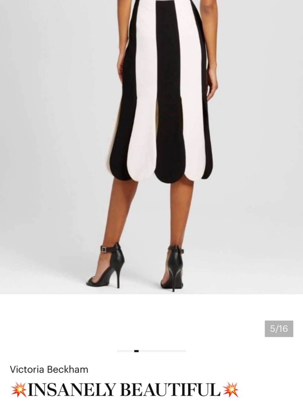 Victoria Beckham Black and White Scallop-Edge Stripe Midi Skirt